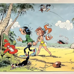 Gaston Lagaffe et Jeanne sur la plage – Affiche Offset – Franquin